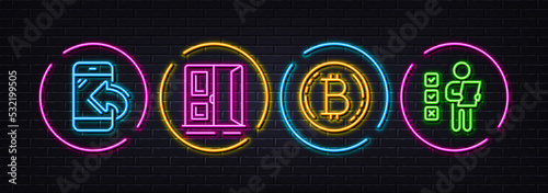 Incoming call, Open door and Bitcoin minimal line icons. Neon laser 3d lights. Voting ballot icons. For web, application, printing. Phone support, Entrance, Cryptocurrency coin. Vote checklist. Vector