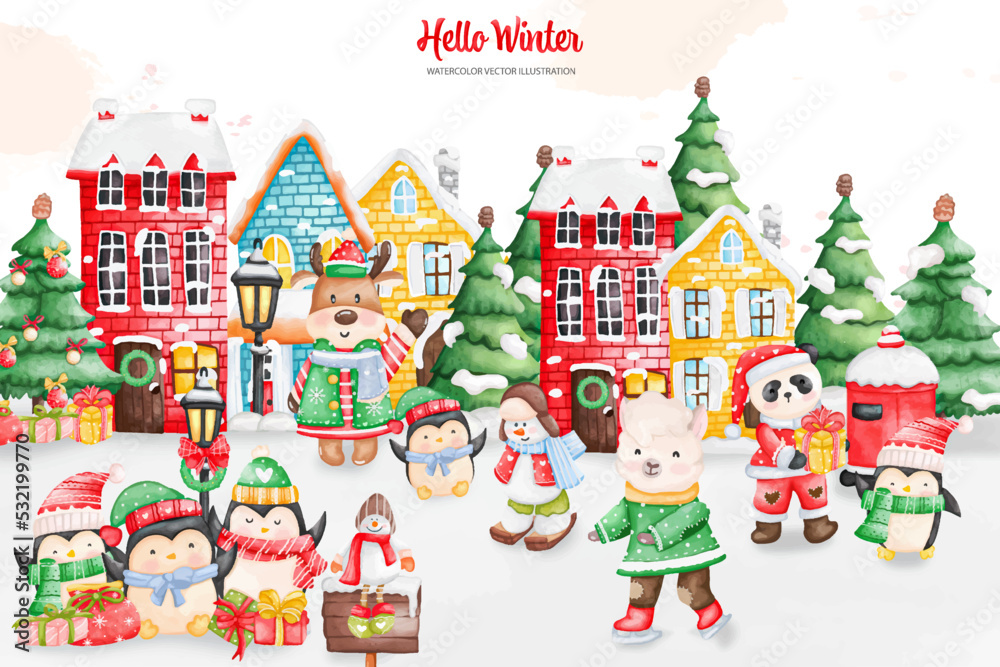 Naklejka premium Cute Watercolor Christmas Animal Scene. Christmas Animal Vector illustrations Element..