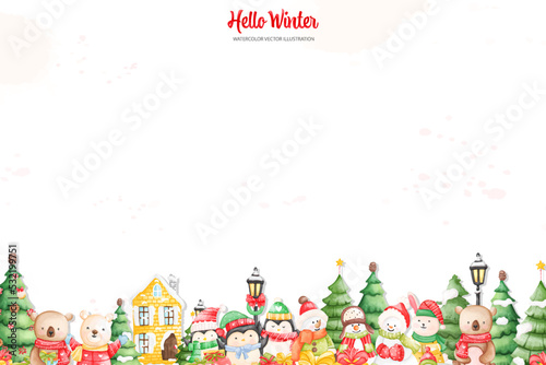 Watercolor Hello Winter Animals Background, Horizontal Background. Animal Vector illustrations