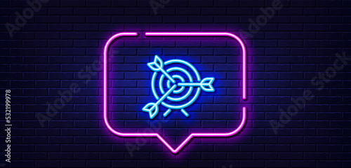 Neon light speech bubble. Target line icon. Marketing targeting strategy symbol. Aim with arrows sign. Neon light background. Target glow line. Brick wall banner. Vector