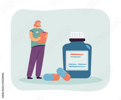 Nurse standing next to big bottle of prescription pills. Medical professional with medication or remedy flat vector illustration. Medicine, healthcare concept for banner or landing web page