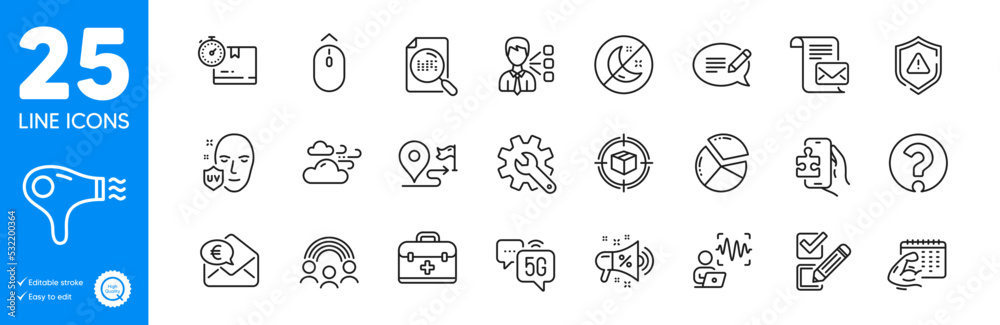 Outline icons set. Inclusion, Question mark and Windy weather icons. Voice wave, First aid, Customisation web elements. Search file, Swipe up, Hair dryer signs. Fitness calendar. Vector Outline icons set. Inclusion, Question mark and Windy weather icons. Voice wave, First aid, Customisation web elements. Search file, Swipe up, Hair dryer signs. Fitness calendar. Vector