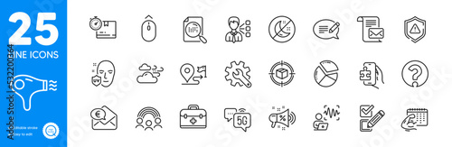 Outline icons set. Inclusion, Question mark and Windy weather icons. Voice wave, First aid, Customisation web elements. Search file, Swipe up, Hair dryer signs. Fitness calendar. Vector