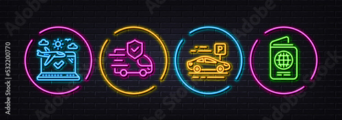 Airplane travel, Car parking and Transport insurance minimal line icons. Neon laser 3d lights. Passport icons. For web, application, printing. Check in, Transport place, Full coverage. Vector