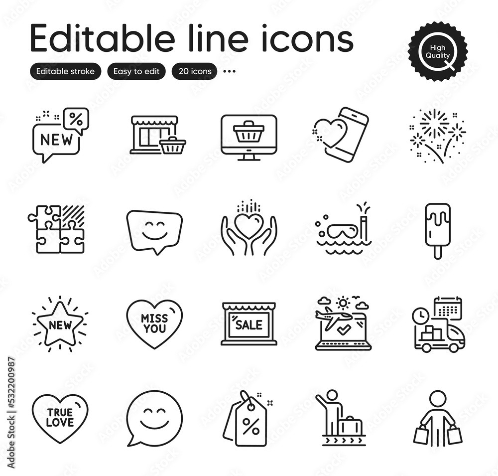Fototapeta premium Set of Holidays outline icons. Contains icons as Heart, Scuba diving and Buyer elements. Smile chat, Ice cream, True love web signs. Hold heart, Luggage belt, Marketplace elements. Vector