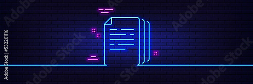 Neon light glow effect. Copy documents line icon. Doc file duplicates sign. Office note symbol. 3d line neon glow icon. Brick wall banner. Copy documents outline. Vector