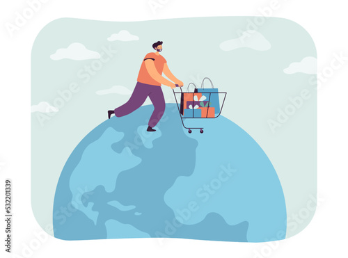 Customer with shopping cart on top of planet. Man buying goods from internet store with global shipping flat vector illustration. Shopping, delivery, e-commerce concept for banner or landing web page