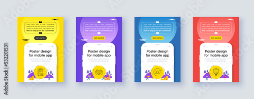 Simple set of Checklist, Employee hand and 360 degrees line icons. Poster offer design with phone interface mockup. Include Air balloon icons. For web, application. Vector