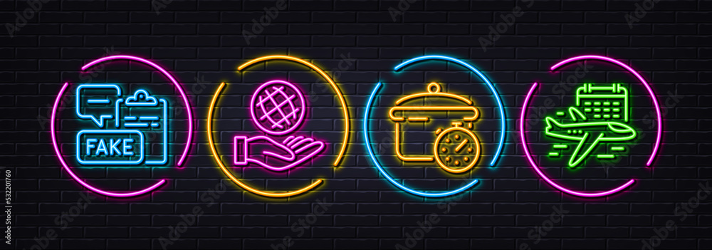 Fake document, Boiling pan and Safe planet minimal line icons. Neon laser 3d lights. Select flight icons. For web, application, printing. Wrong truth, Cooking timer, Ecology. Airport calendar. Vector