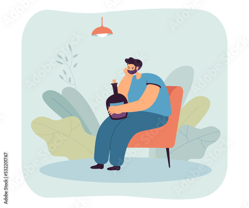 Depressed man sitting on chair with alcohol bottle. Sad person holding alcoholic drink flat vector illustration. Addiction, health, alcoholism concept for banner, website design or landing web page