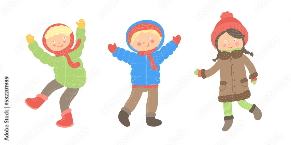 Winter kids illustration. Jumping boys and girls. Warm clothes. New year clipart kids. Winter kids illustration. Jumping boys and girls. Warm clothes. New year clipart kids.
