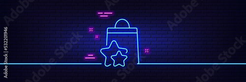 Neon light glow effect. Loyalty points line icon. Bonus bags. Discount program symbol. 3d line neon glow icon. Brick wall banner. Loyalty points outline. Vector