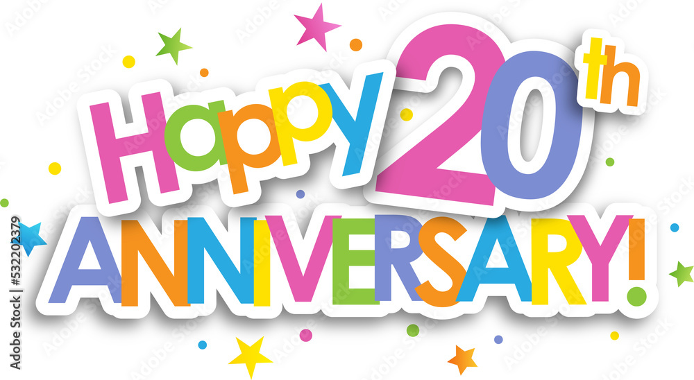 Colorful HAPPY 20th ANNIVERSARY banner with stars on transparent background Colorful HAPPY 20th ANNIVERSARY banner with stars on transparent background