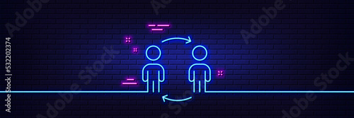 Neon light glow effect. Teamwork workflow line icon. Business partnership sign. Job meeting symbol. 3d line neon glow icon. Brick wall banner. Workflow outline. Vector