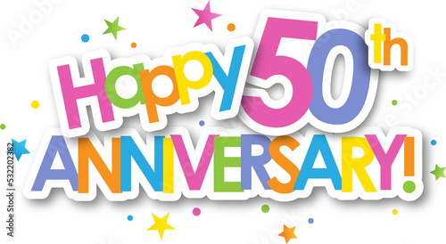 Colorful HAPPY 50th ANNIVERSARY banner with stars on transparent background