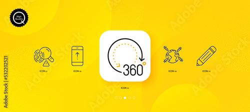 Pencil, 360 degrees and Fingerprint minimal line icons. Yellow abstract background. Swipe up, World vaccination icons. For web, application, printing. Edit data, Panoramic view, Biometric scan. Vector
