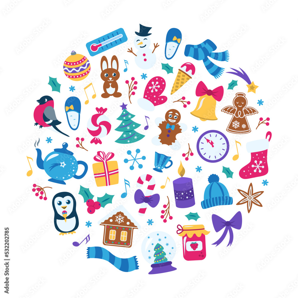 Winter season cute elements collection in round shape composition. Christmas icons set. Isolated on white background. Flat vector objects for holiday design. Winter season cute elements collection in round shape composition. Christmas icons set. Isolated on white background. Flat vector objects for holiday design.