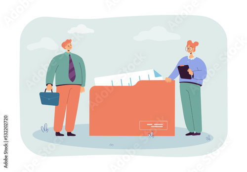 Tiny office workers and huge folder with documents. Company people standing next to file flat vector illustration. Information, business concept for banner, website design or landing web page