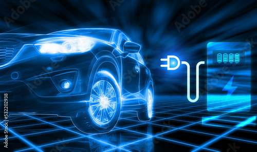 EV car in futuristic vehicle concept. Electric car charging station and battery level icon. Future transportation. Futuristic autonomous car. Driverless autonomous vehicle. Self-driving car technology