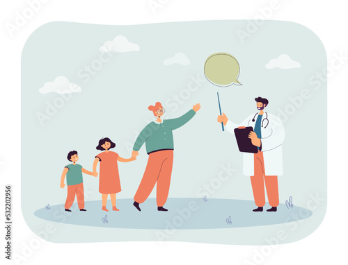 Mother bringing children to pediatrician. Child doctor giving recommendation or medical advice flat vector illustration. Family, healthcare concept for banner, website design or landing web page