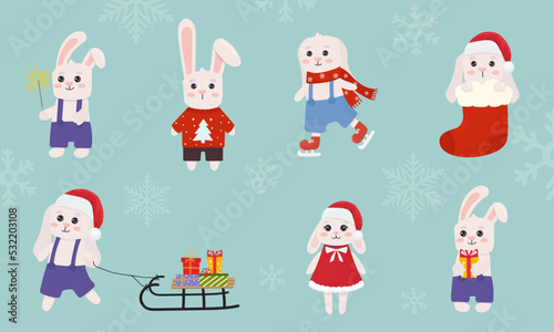 Collection of cute christmas bunnies isolated on blue background.  Bunny in different poses. Winter cartoon characters. Merry Christmas and happy new year. Flat style.