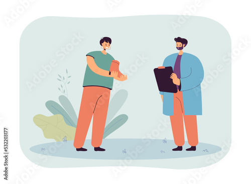 Cartoon woman giving man shoe with broken heel. Female character bringing boot to shoe repair flat vector illustration. Repair, fashion concept for banner, website design or landing web page