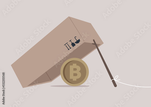 A stick and a box trap, and a bitcoin used as a bait