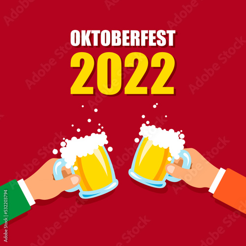 Oktoberfest  banner with mug of beer. Autumn holidays. Vector illustration in cartoon style.