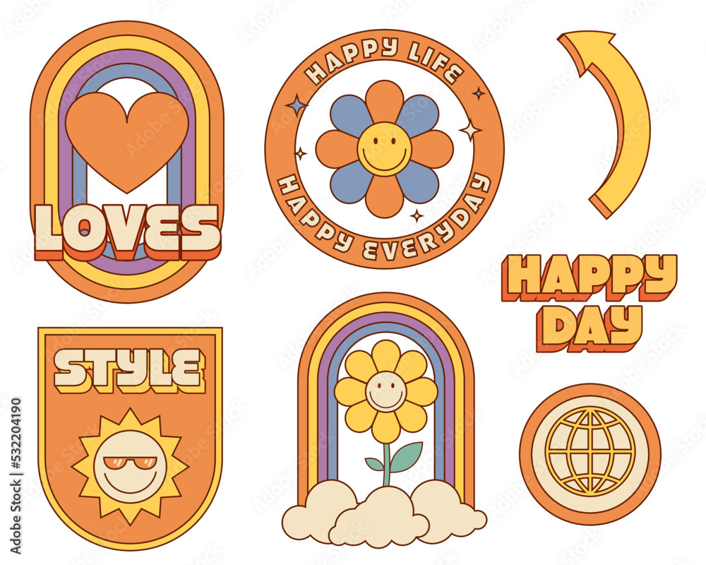 set of cartoon sticker pack with psychedelic retro 70s hippie funky vintage funny style. flower, rainbow, groovy, 1970, good, sun, glasses, internet