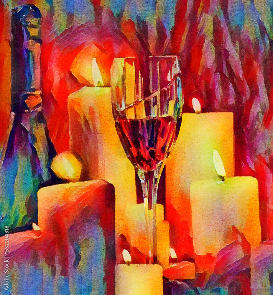 A glass of wine is seen in a digital watercolor image with lit candles and a colorful background.