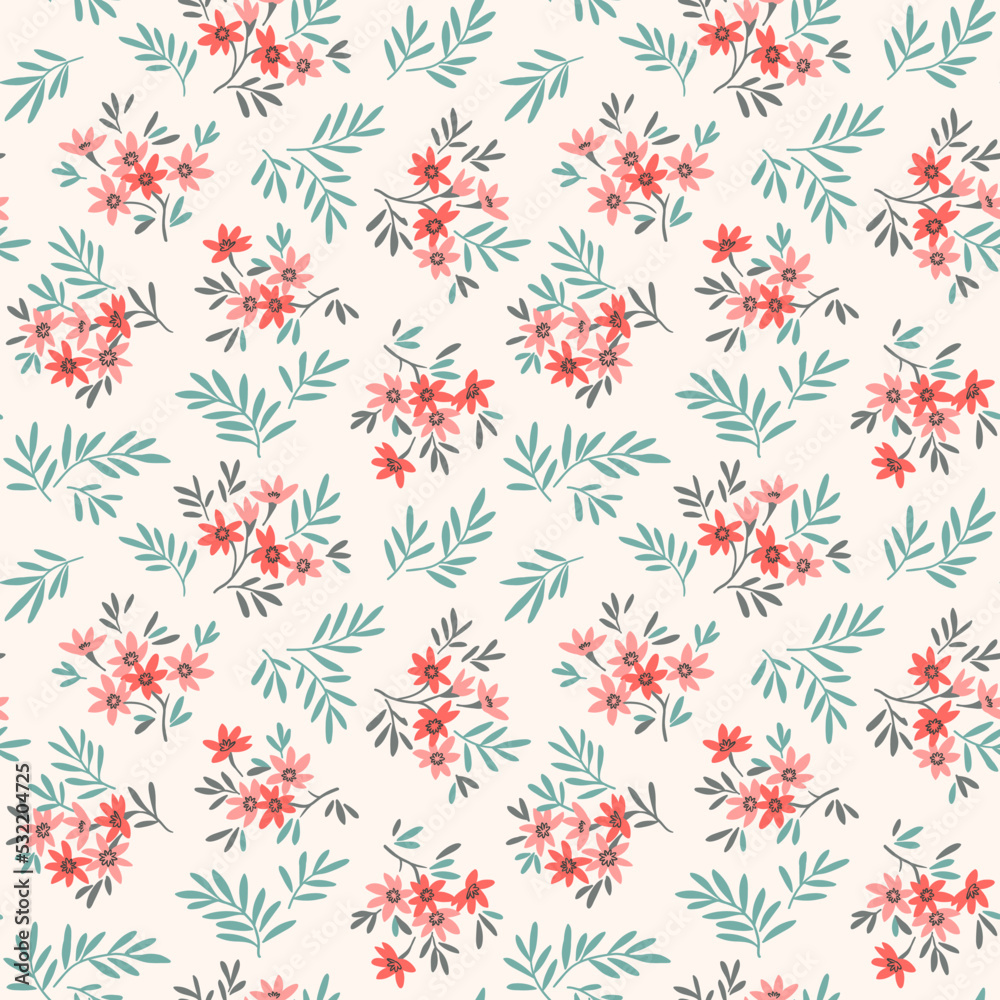 Spring flowers print. Vector seamless floral pattern. Floral design for fashion prints. Endless print made of small pastel pink flowers. Elegant template. White pink background. Stock vector.
