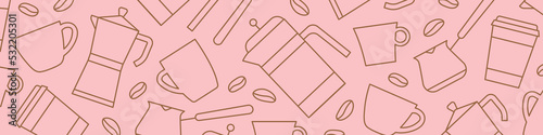banner with coffee beans, cups, different ways of making coffee - vector illustration