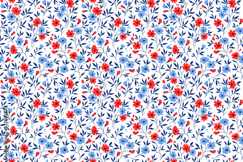 Cute floral pattern in the small flowers. Seamless vector texture. Elegant template for fashion prints. Printing with small red and blue flowers. White background.