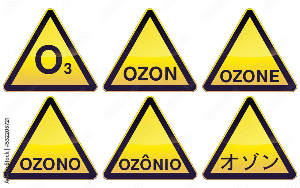 Collection of yellow and black triangular danger signs about ozone and its dangers in different languages (English, French, Spanish, Japanese) Collection of yellow and black triangular danger signs about ozone and its dangers in different languages (English, French, Spanish, Japanese)
