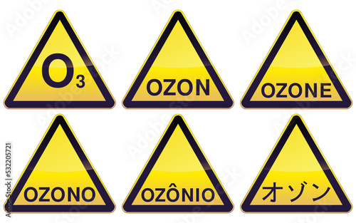 Collection of yellow and black triangular danger signs about ozone and its dangers in different languages (English, French, Spanish, Japanese)