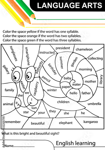 Language arts. English learning. Snail. Task coloring the space if the word has one, two, three syllables. Worksheet at school, home. Vector illustration.