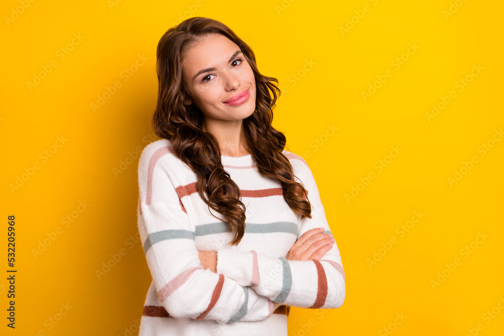 Photo of cute stunning person crossed hands empty space isolated on yellow color background Photo of cute stunning person crossed hands empty space isolated on yellow color background
