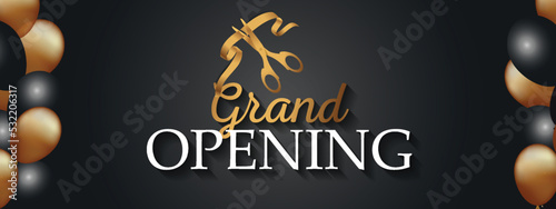 Grand opening design with ribbon, balloons and gold scissors, confetti. Vector illustration