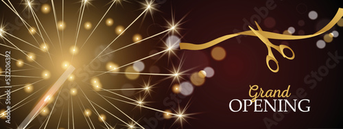 Grand opening design with ribbon, balloons and gold scissors, confetti. Vector illustration