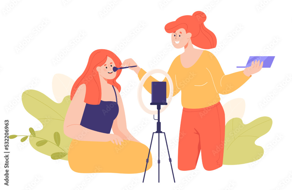 Cartoon makeup artist filming beauty tutorial on phone. Cosmetologist doing make-up on woman in front of camera flat vector illustration. Blogging, cosmetology concept for banner or landing web page Cartoon makeup artist filming beauty tutorial on phone. Cosmetologist doing make-up on woman in front of camera flat vector illustration. Blogging, cosmetology concept for banner or landing web page