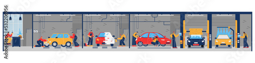 Car wash service scene with cleaning process by professional workers, flat vector illustration.