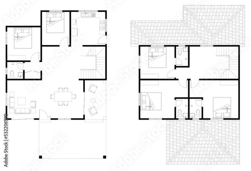 2D CAD 2 story house layout plan drawing with 5 bedrooms complete with 4 bathrooms, balcony, furniture, kitchen, living room porch and furniture. Drawing produced in black and white. 