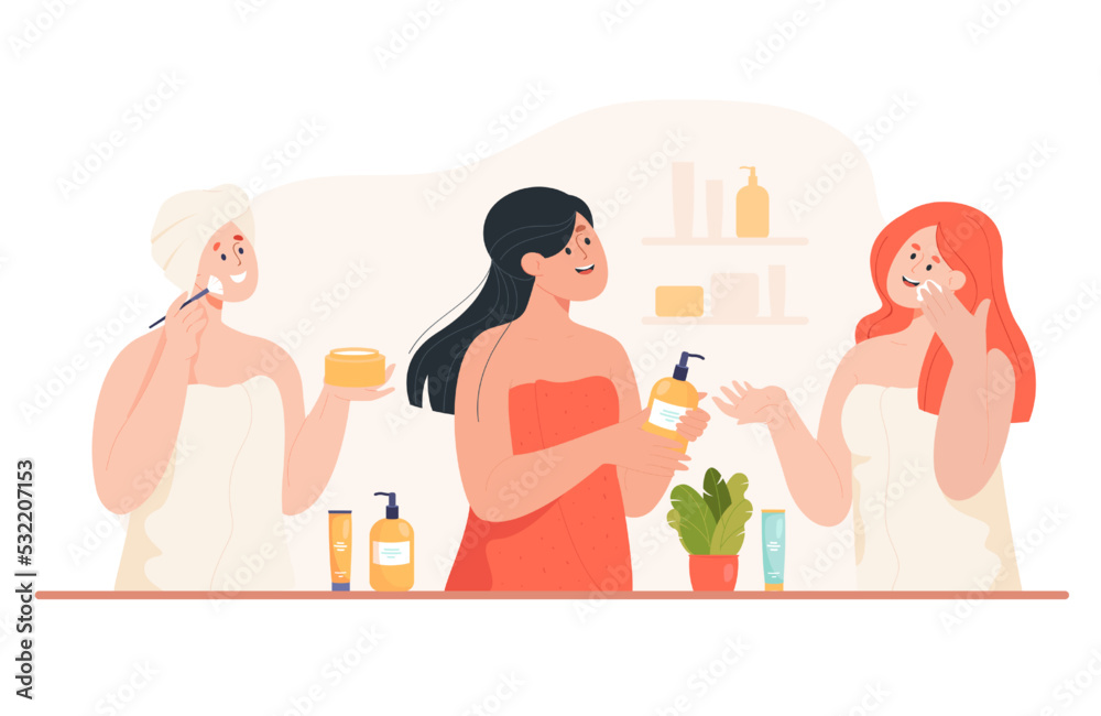 Cartoon girls doing morning routine in bathroom together. Female friend using beauty products flat vector illustration. Beauty, cosmetics, hygiene concept for banner, website design or landing page Cartoon girls doing morning routine in bathroom together. Female friend using beauty products flat vector illustration. Beauty, cosmetics, hygiene concept for banner, website design or landing page