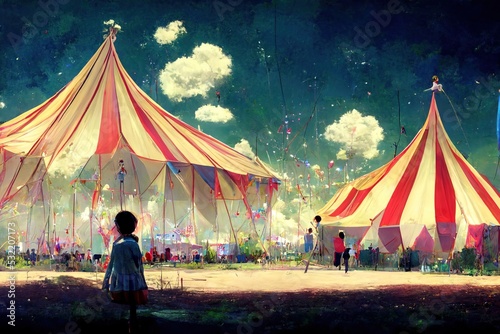 3D rendering of a people standing in front of the colorful circus tent during the night