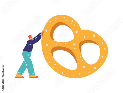 Man rolling a giant pretzel for healthy snack, flat vector illustration isolated.