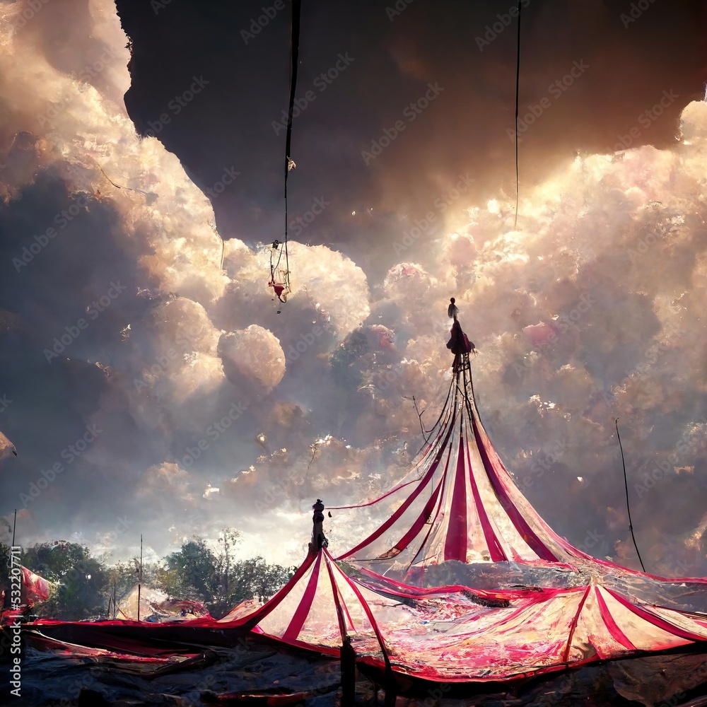 3D rendering of a landscape from the circus tent with red and white ...