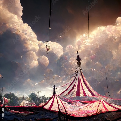 3D rendering of a landscape from the circus tent with red and white color in the carnival arena
