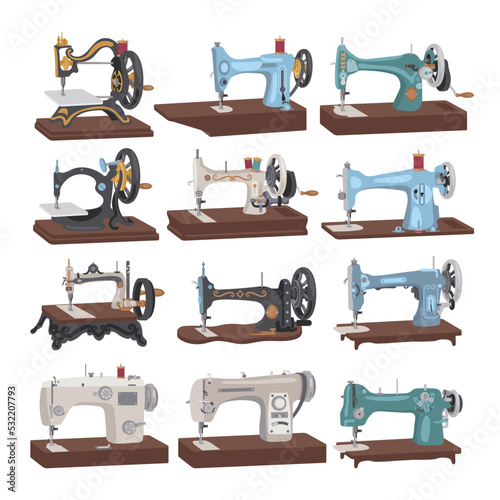 Vintage sewing machines vector illustrations set. Collection of cartoon drawings or designs of retro equipment for needlework isolated on white background. Fashion, craft, textile concept
