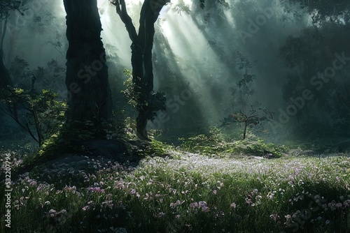 Bright rays of light in a fantasy mystic forest. Soft light, mysterious haze. Fairytale wallpaper. 3D render.
