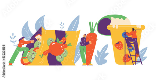 Men and woman with different huge snacks flat style, vector illustration